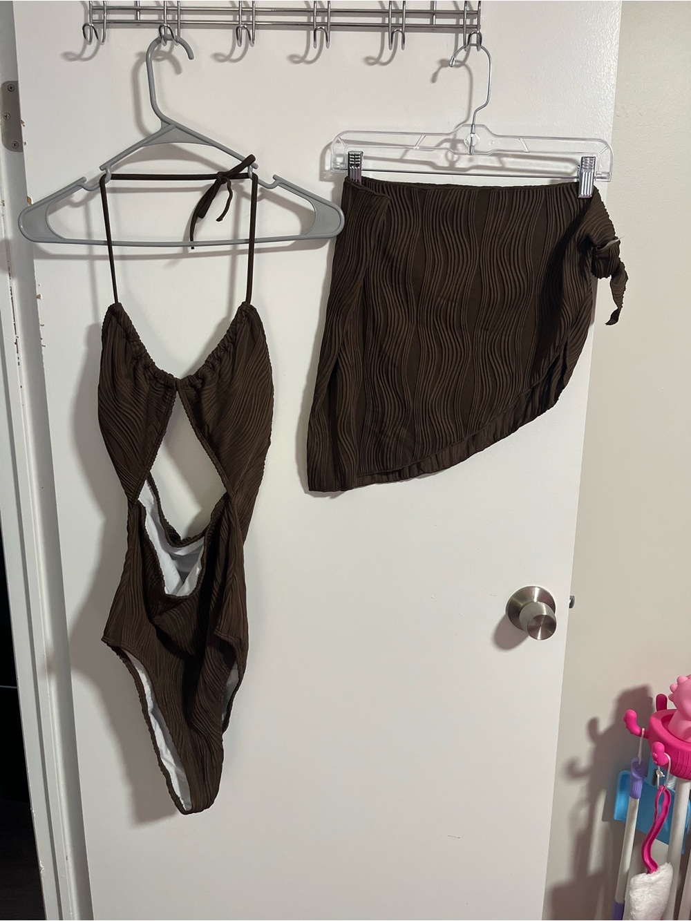 Brown Textured Cutout One-Piece Swimsuit with Skirt Cover-Up